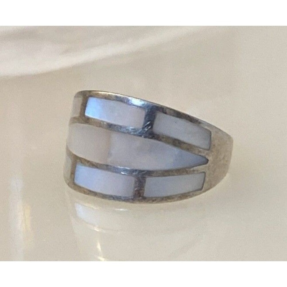 Mother of Pearl Inlay 925 Sterling Silver Nacre Iridescent Mosaic Tile Ring 7.5 - Picture 2 of 11
